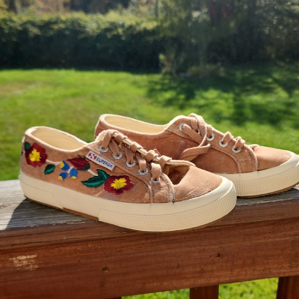 Superga Tan Sneakers with Floral Embroidery